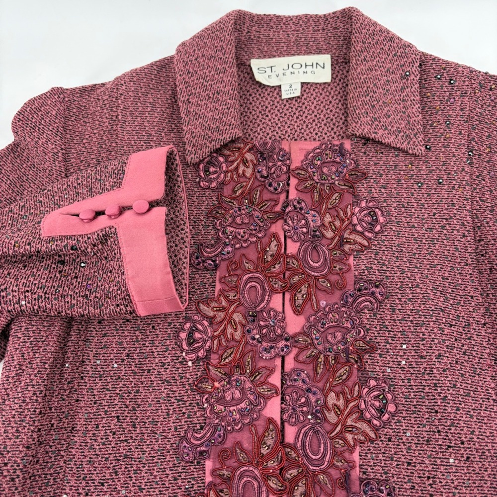 St John Evening Pink Knit Embroidered Beaded Shimmer Jacket 3/4 Size‎ 2 Floral